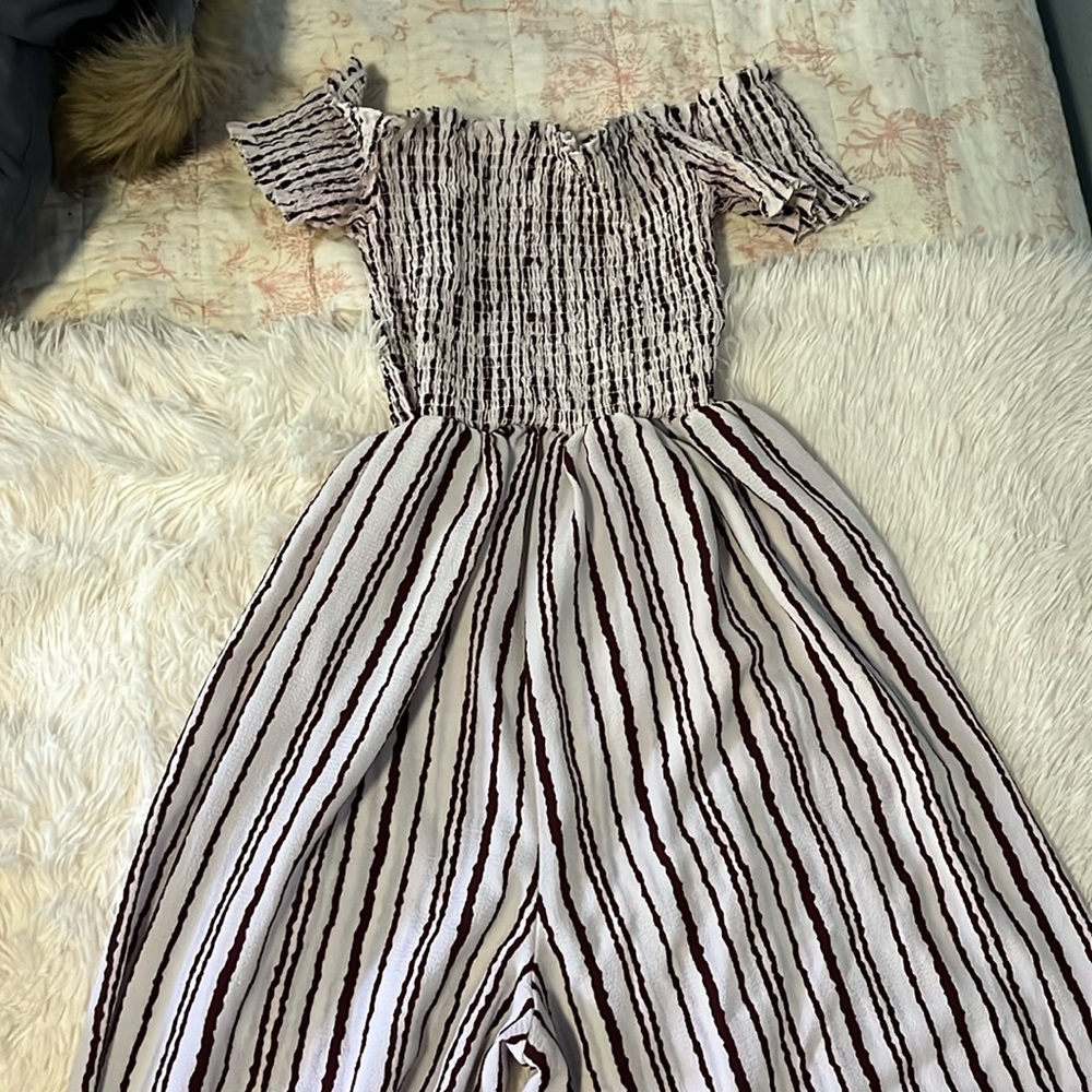 J for Justify - Wide Leg Off-The-Shoulder Rayon Striped Jumpsuit - L